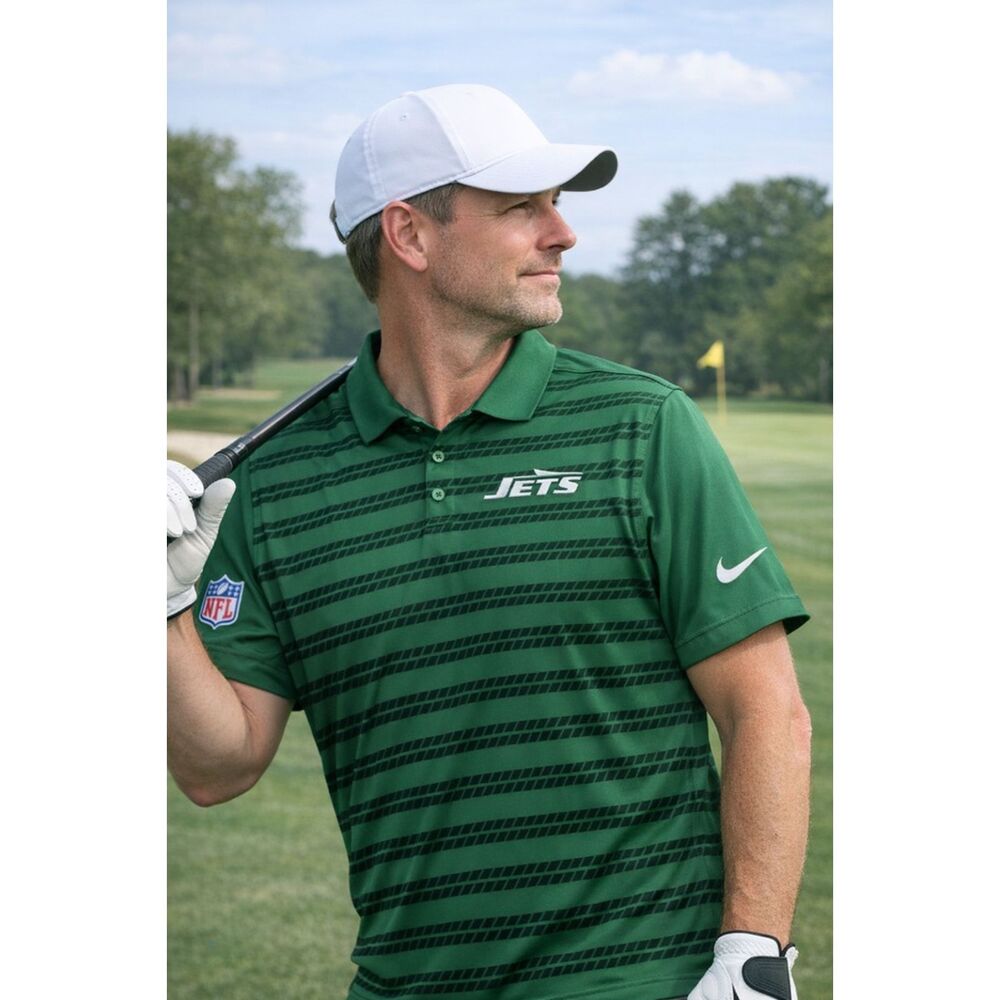 Nike Mens 2XL NFL Jets Polo Green Striped Dri-FIT On Field Shirt